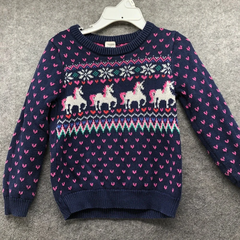 OshKosh B'gosh Girls 3T Fair Isle Unicorn Sweater Navy Blue Pink Cotton Blend